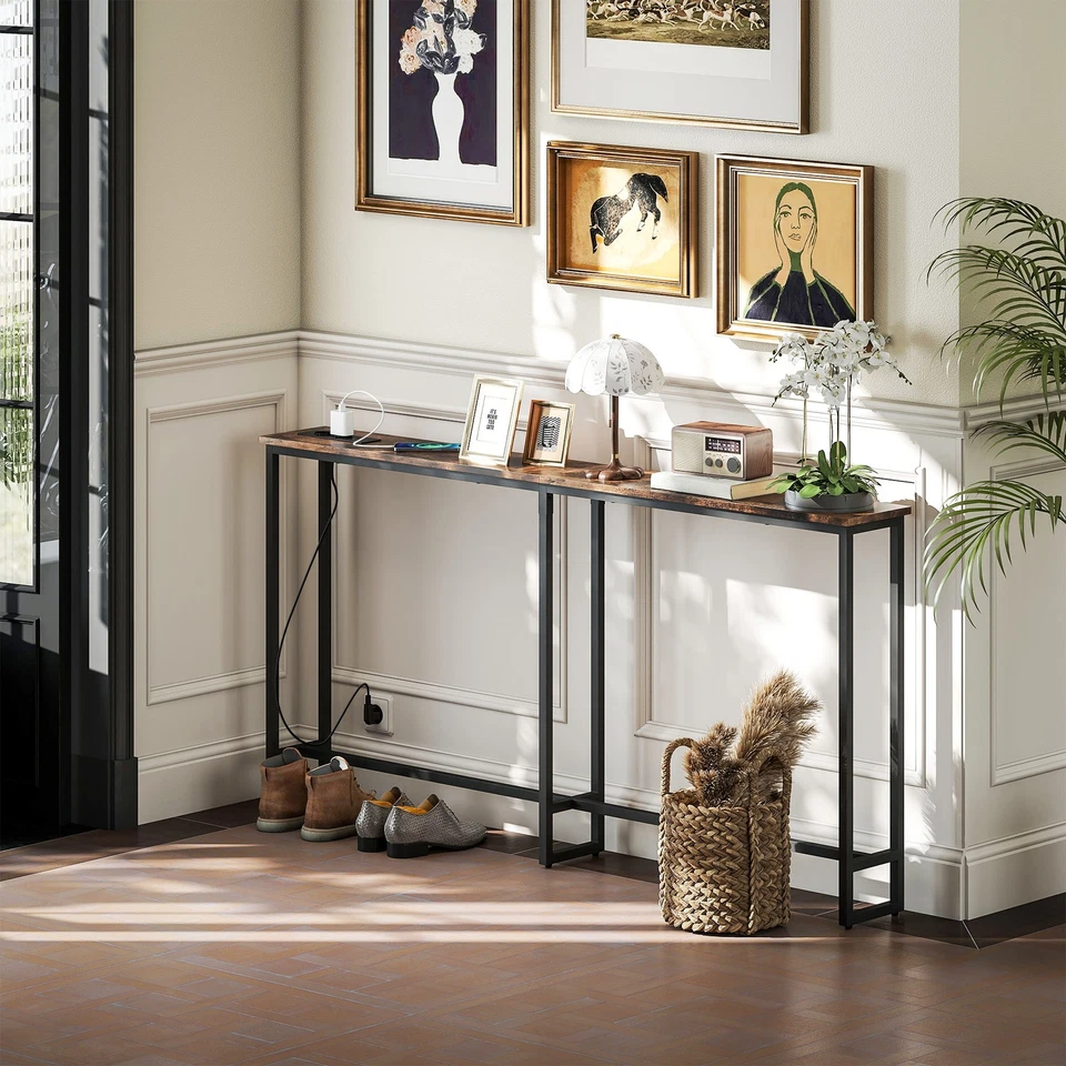 HOMCOM Tavolo Consolle in Stile Industriale con Stazione di Ricarica Marrone - Immagine 2 di 4