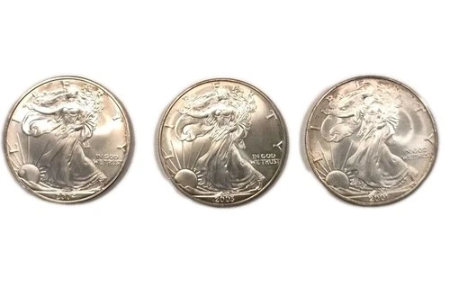 3) American Silver Eagle Mixed Lot. Sharp Attractive Brilliant Uncirculated.