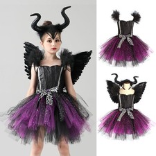 Kids Girls Maleficent Cosplay Halloween Costume Tutu Dress Outfit Wing Headband*