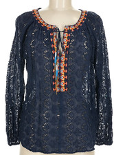 Johnny Was Jade Top S B40"fit M Embroidered Eyelet, Beaded Tassels, Cotton/Silk