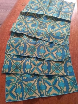 Set Of 4 Vintage Mid Century Linen Napkins Teal Blue & Citron