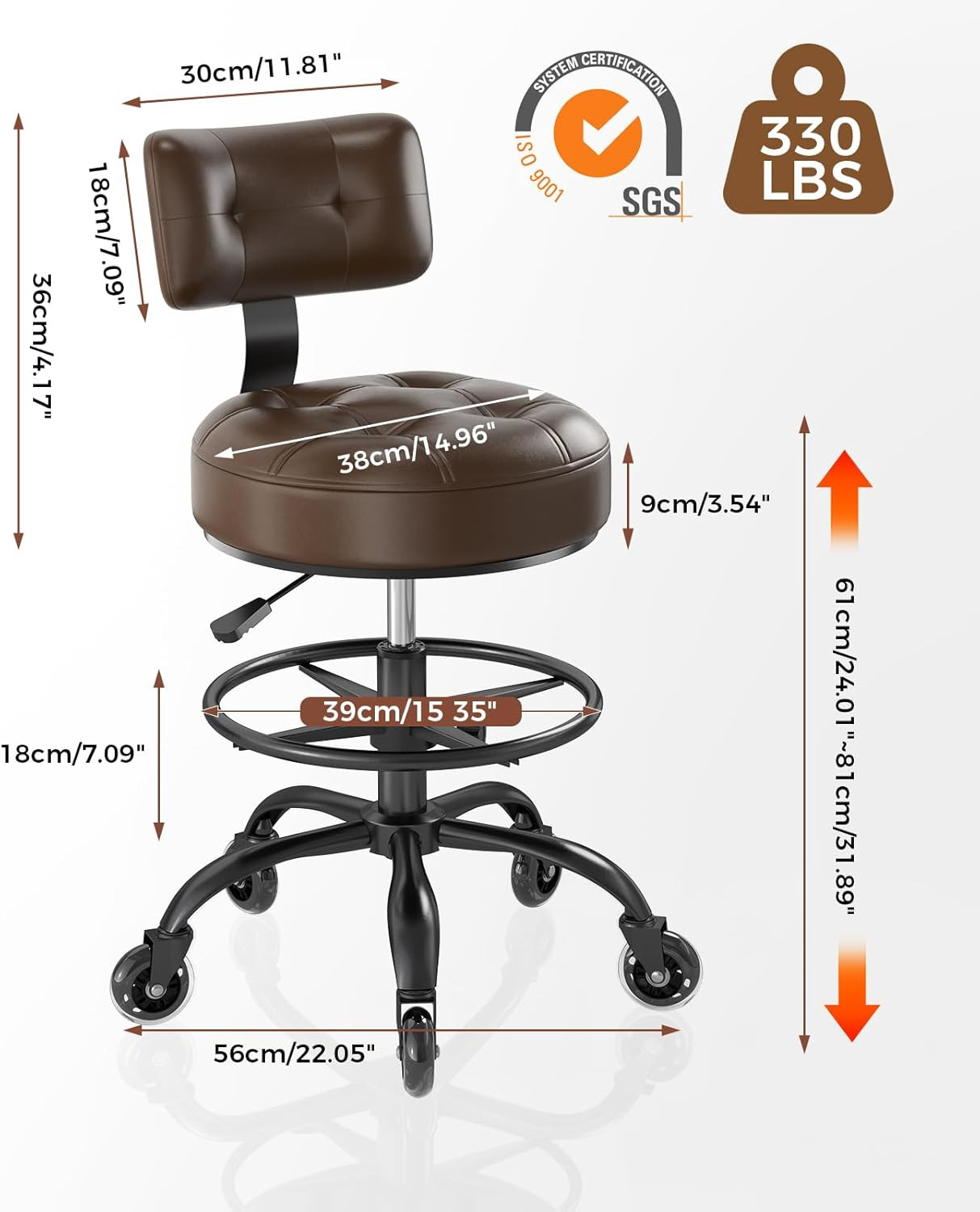 Adjustable Drafting Chair with Footrest & Wheels for Office & Home (Brown)