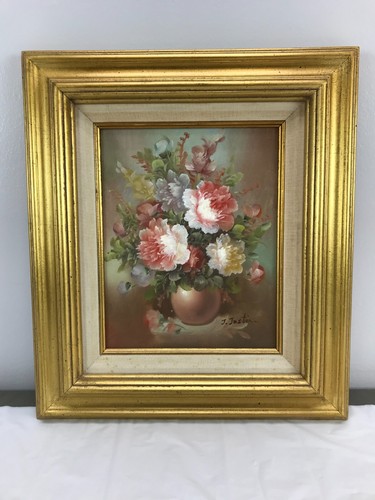 Vintage J Justin Pfingstrose Blumenvase Gemälde Leinwand Gold gerahmt 13 3/4" x 15 3/4"