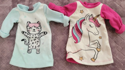 Lot Of 2 Komar Kids 9'' Baby Doll Pink Unicorn Blue Kitty Cat Night Gown Pajamas