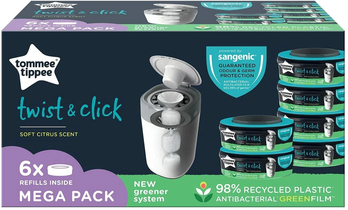 Tommee Tippee Twist & Click Advanced Nappy Disposal NEW Green System with 4  Pack Refill Cassettes