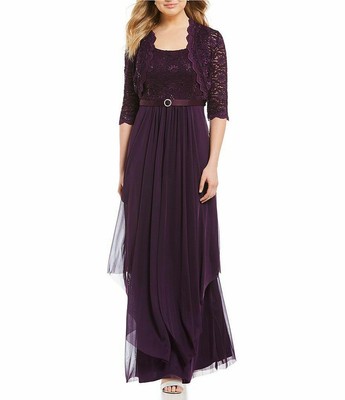 r & m richards short sleeve belted evening gown