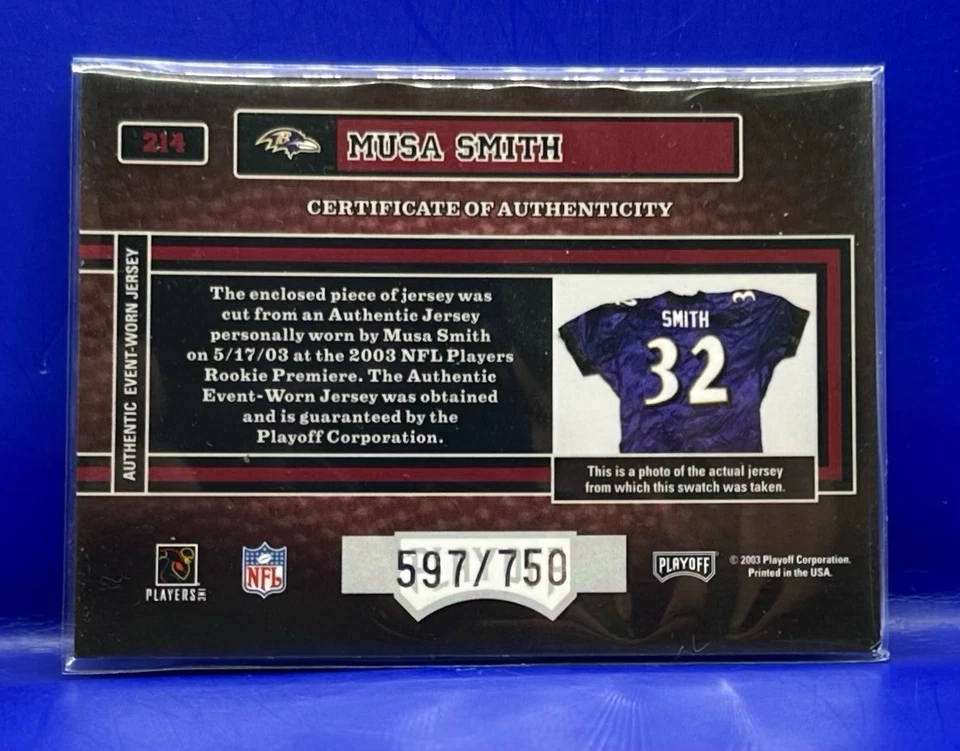 2003 Playoff Hogg Heaven Musa Smith Rookie RC Premiere #/750 Baltimore Ravens - Image 2 of 2