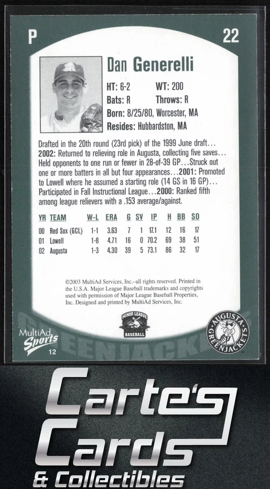 Dan Generelli 2003 MultiAd Augusta GreenJackets #12 Augusta GreenJackets - Image 2 of 2