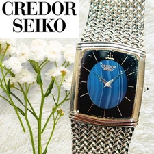 SEIKO CREDOR 6730 5330 Quartz Rectangular Wristwatch Black Dial Silver Band