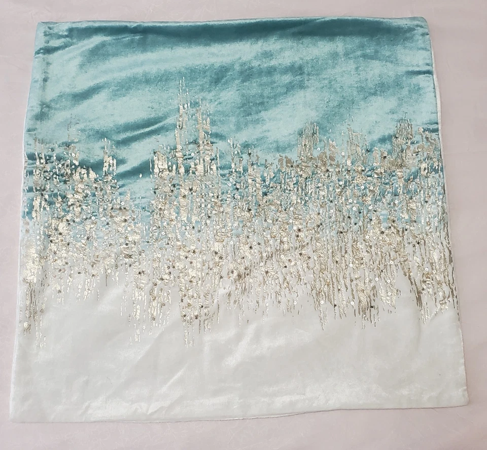 Z Gallerie Joie De Vivre Pillow Sham Cover Only 22"x22" Aqua Ombre Sequin Beaded - Image 2 of 4