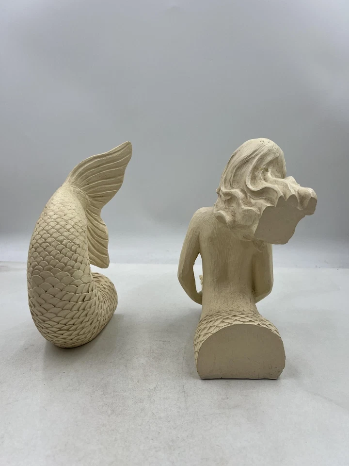 Mermaid Bookends Set of 2 Wood Carved Look Nautical Coastal Beach Decor Statue - Image 4 of 4
