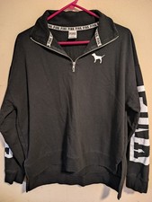 PINK Victoria's Secret 1/4 Zip Pullover Sweatshirt MEDIUM Black  Logo Sleeves