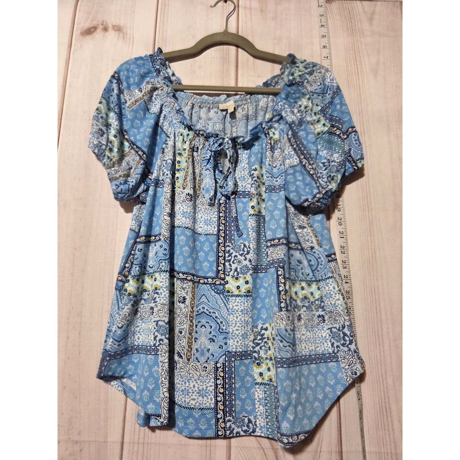 Chenault Blue Patchwork Print Off The Shoulder Ti… - image 1