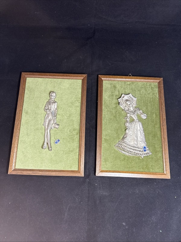 Peltro Pewter? Frame Woman & Man Pewter Figurine wall hanging.  Made In Italy