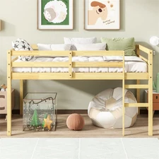 Rubber Wooden Twin Size Low Loft Bed w/Ladder,Guardrails &Storage Space,Natural 