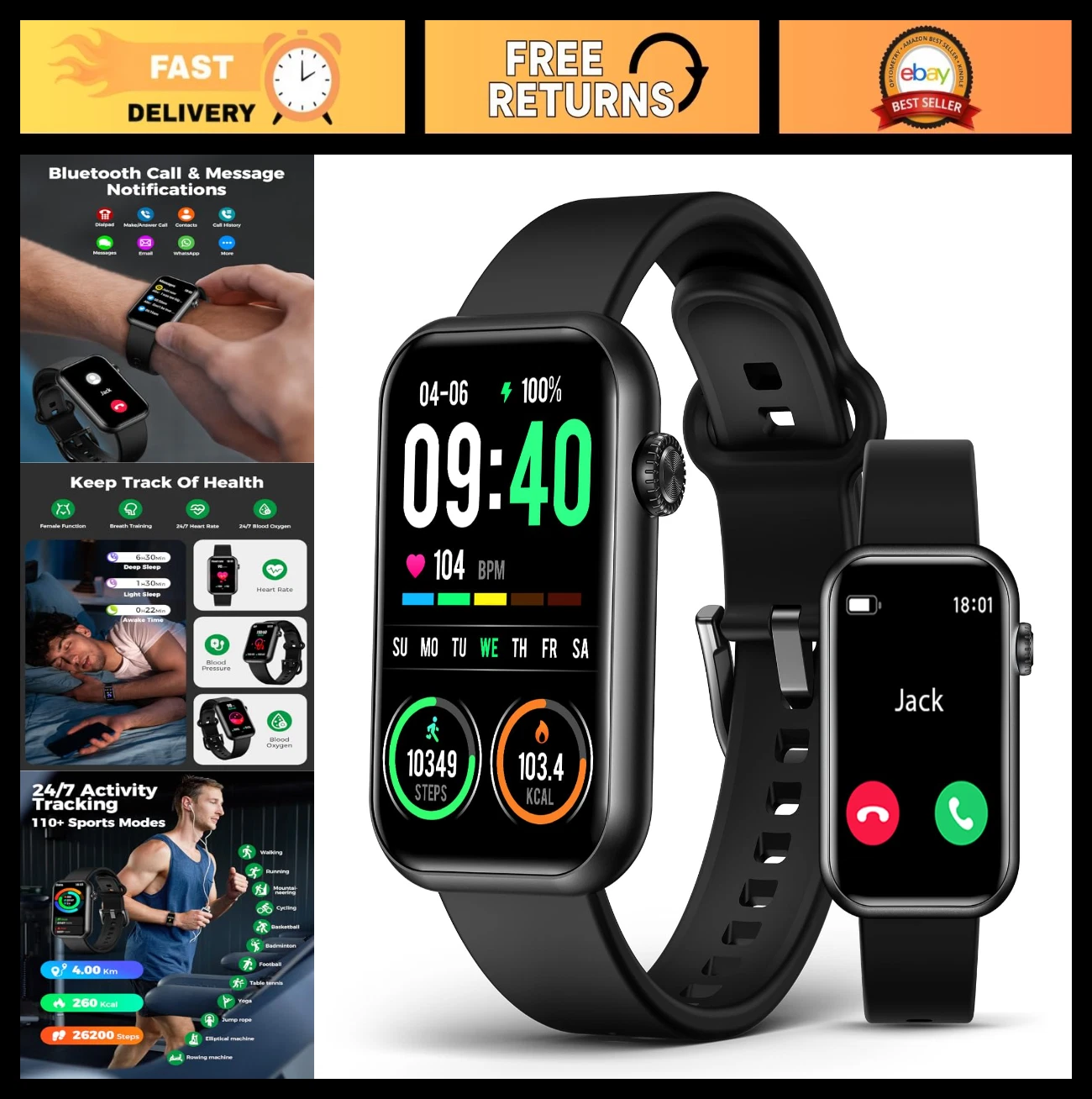 Fitness Smart Watch Tracker - Call Function, Heart Rate, Blood Pressure, Sleep M