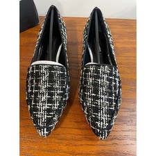 Women 5.5 Tweed Flat Loafer NEW Nine West ABAYP2 Point Toe Blck Whte Dress Shoe