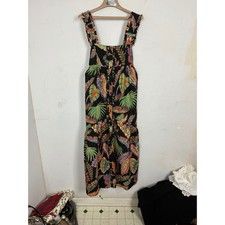 Farm Rio Tropical Leaf Print Button Front Ruffle Midi Dress Black Multi Size M
