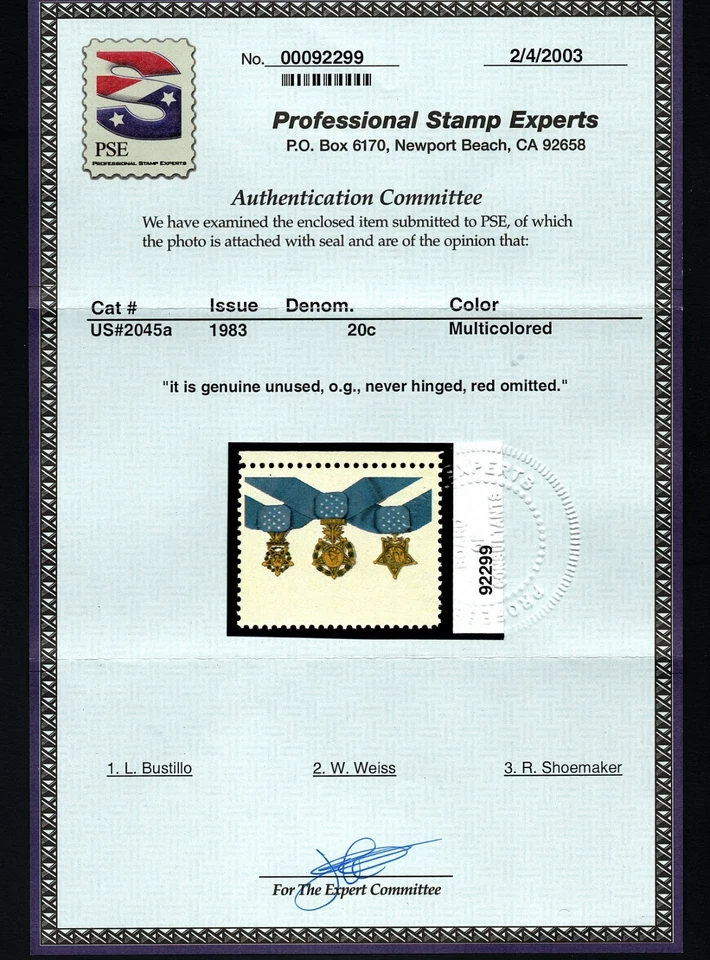 Scott #2045a - 1983 20¢ Medal of Honor issue - Red Omitted Error - PSE Cert - Image 3 of 4