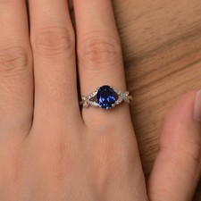 Blue Sapphire 2CT Oval Gemstone 925 Silver Plated Dainty Ring Birthday Gift