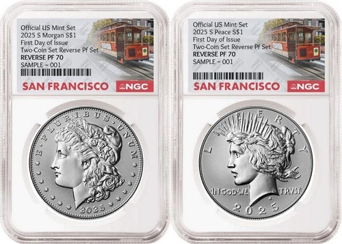 2 coin 2025 Morgan and Peace Reverse Proof Dollar Set NGC RP70 FDOI SF