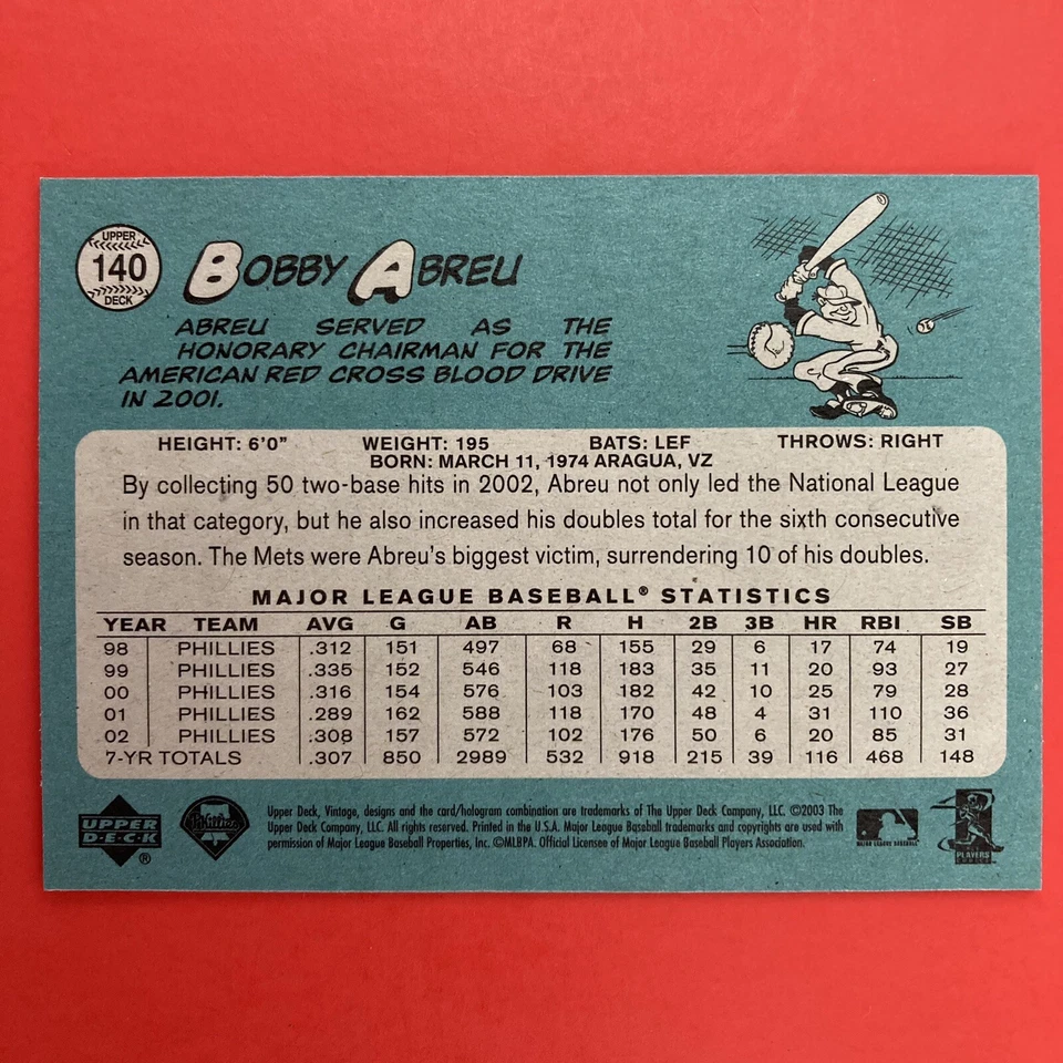 Bobby Abreu 2003 Upper Deck Vintage Card #140 MLB Philadelphia Phillies - Image 2 of 2