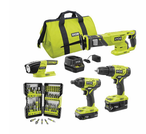 Ryobi ONE+ 18V Cordless 4-Tool Combo Kit w/ (2) Batteries, Charger \u0026 Bag w/ Bonus Impact Rated Driving Kit (70-Piece)