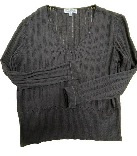 St. John Collection Santana Knit Brown V-Neck Jeweled Sweater Medium - Picture 2 of 6