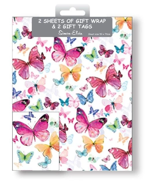WOMEN'S GIFT WRAP - 2 SHEETS WRAPPING PAPER,2 TAGS - butterflies FAST DISPATCH