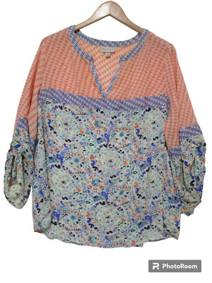 Sz 2X DB Established 1962 Women Tunic Top 3/4 Ruched Sleeve Orange Blue Blouse