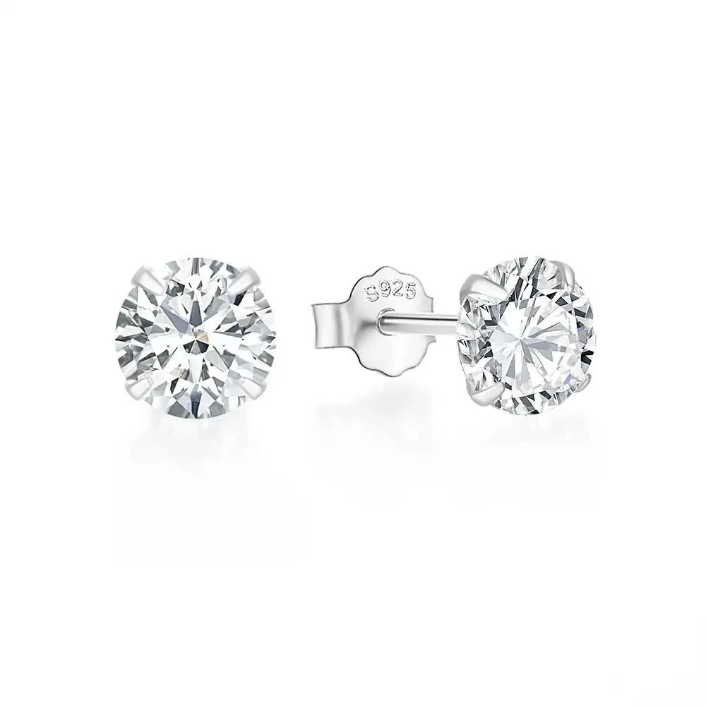 925 Sterling Silver Simulated Diamond Round Solitaire Stud Earrings 2MM to 8MM