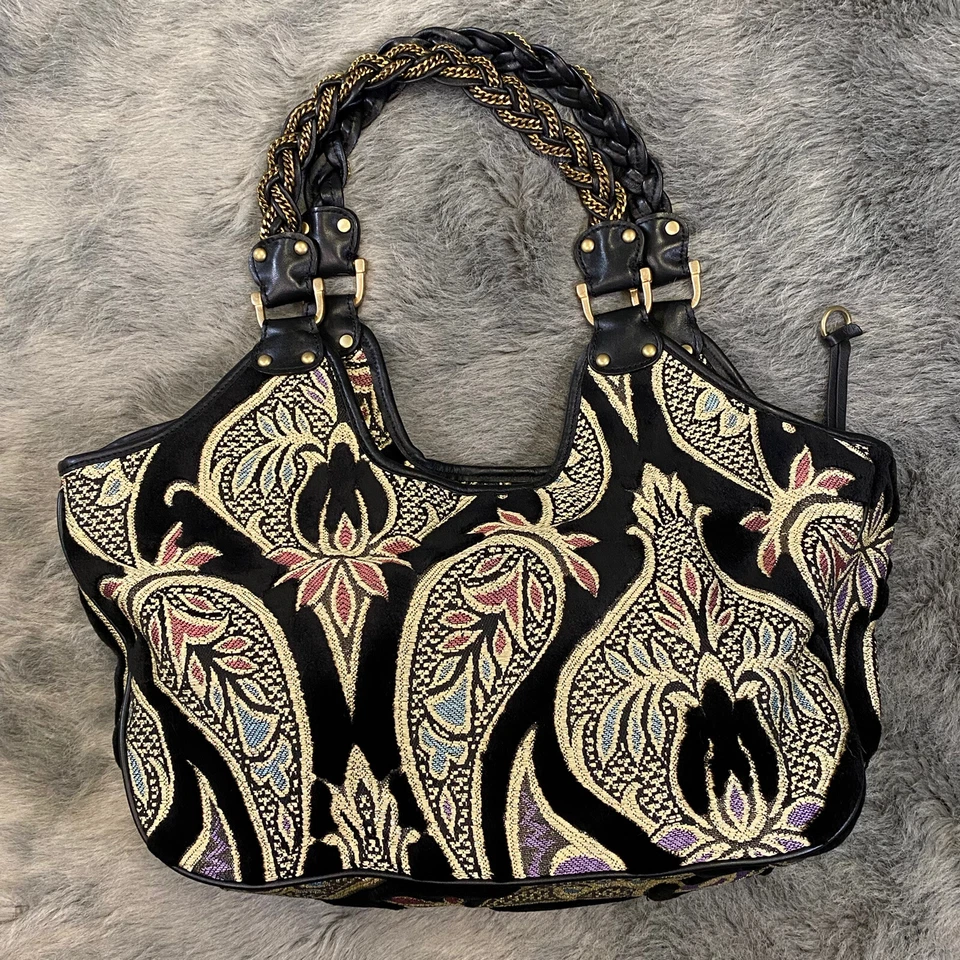 Vintage Maxximum Multicolor Paisley Velour Handbag Chain Leather Braided Straps - Image 2 of 4