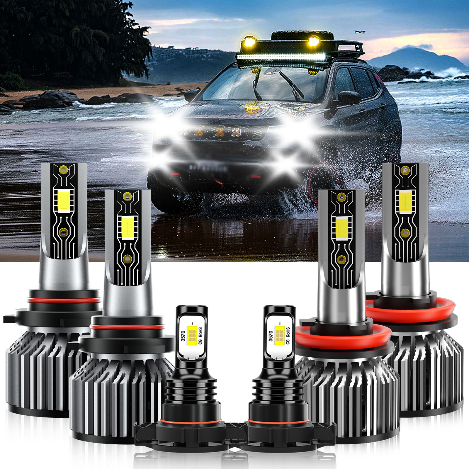 6PCS LED Headlight+Fog Light Bulbs Combo 6500K kit For Jeep Compass 2011-2013