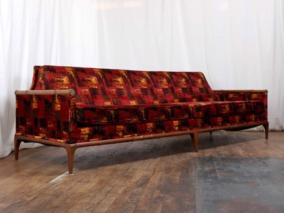 c.1970s Jack Lenor Larsen Asian Style Mid-Century Walnut Leg Sofa