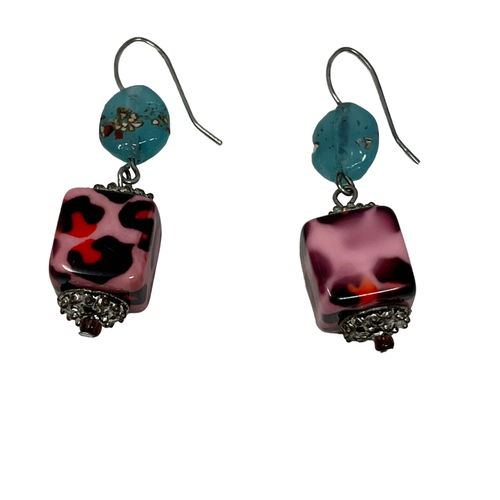 Pierced Earrings Pink Leopard Square Glass Wire Drop Dangle with Blue Stones - Picture 7 of 7