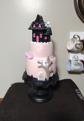 Candy Corn Lane Pink 3 Tier Halloween Ghost Haunted House Cake 22'' Decoration
