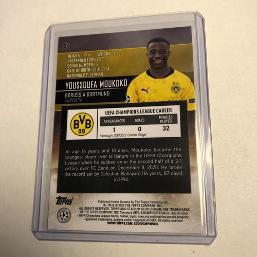 Youssoufa Moukoko Rookie 2020-21 Topps Stadium Club Chrome #57 - Picture 2 of 2