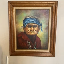 Vintage 60s Oil Painting Native American Indian Elder Portrait Impressionism