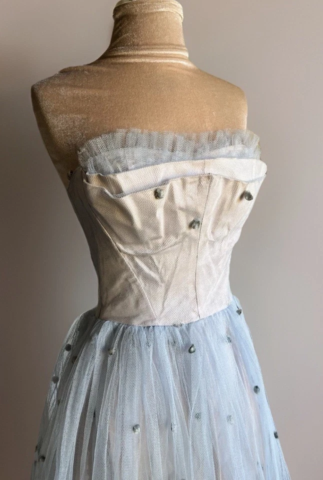 Vintage 50s Powder Blue Prom Dress Pom Pom Cinderella Full Skirt Pinup Wedding - Image 4 of 4