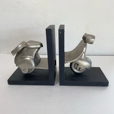 Bookends With Silver Scooter Moped Heavy 6 In. Metal And Wood