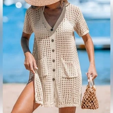 Women’s Open Knit Button Front Cover Up Dress Beige Pockets Slit Sides V-Neck