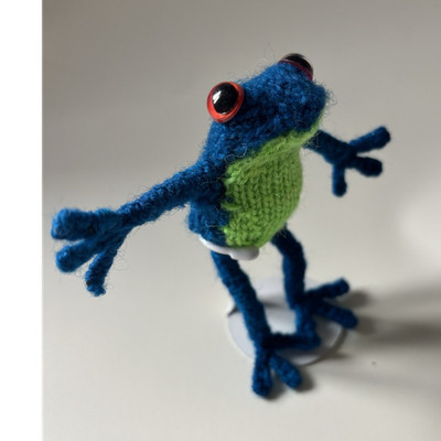 Blue Frog Amigurumi Hand Knitted OOAK Poseable Wool Art Doll