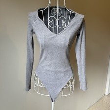 L Agence Grey Ribbed Bodysuit V Neck Long Sleeve Stretch Knit Size M