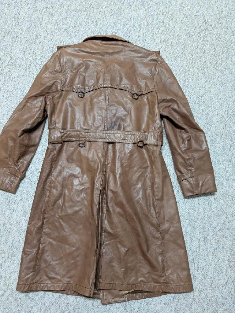 vintage USA made TRENCH COAT leather 42 sherlock BELTED double breasted M brown - product detail image 2