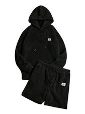 Men's 2 Piece Tracksuit Sets Fleece Fuzzy Hooded Sweatshirt and Shorts Black ...