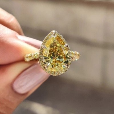 3.50 Ct Pear Canary Yellow Diamond Halo Wedding Women Ring 14K Yellow Gold Over