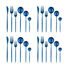 24Pcs Blue Mirror Silverware Flatware Set, 18/0 Stainless Steel Cutlery Set U...
