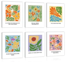Inclusive Diversity Wall Art, Inspirational Wall Decor, Set Of 6 Floral Motiv...