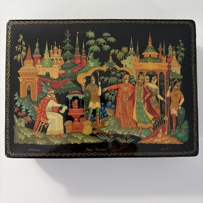 Vintage Russian Lacquer Box Featuring Squrriel Scene from The Tale Tsar Saltan
