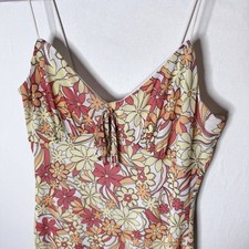 Y2K Babydoll Midi Maxi Dress Sz L Floral Bow Sheer Lined Stretch Pink Yellow